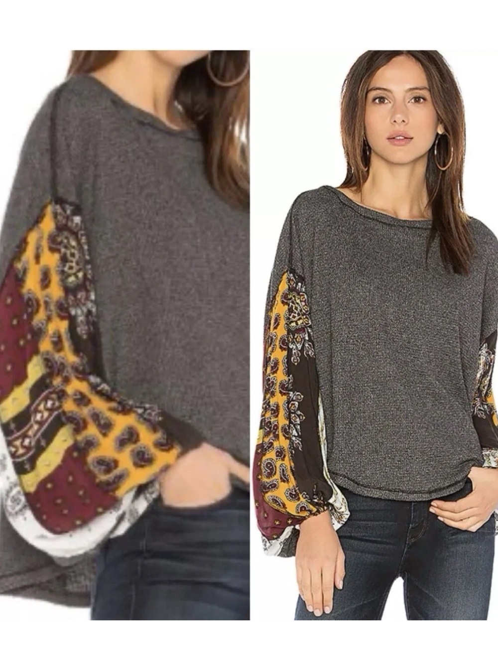 Free People Gray Knit Top with Patterned Yellow & Burgundy Balloon Sleeves